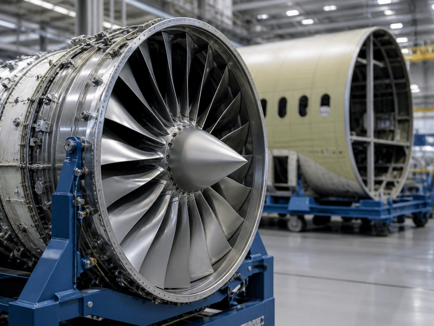 A precision-machined aerospace component — turbine blade or fuselage section — photographed in a clean hangar with directional lighting that emphasizes its geometry.