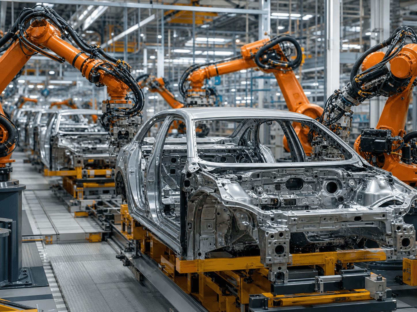 An automotive assembly floor with chassis on the line and robotic arms in motion, photographed in a glossy, editorial style with a slight bokeh background.