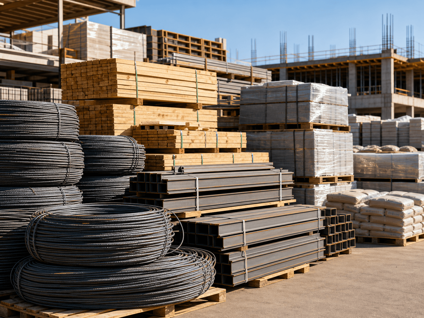Neatly stacked construction materials in a builder's yard — rebar coils, lumber, steel beams — under bright morning light, photographed at a flattering angle.