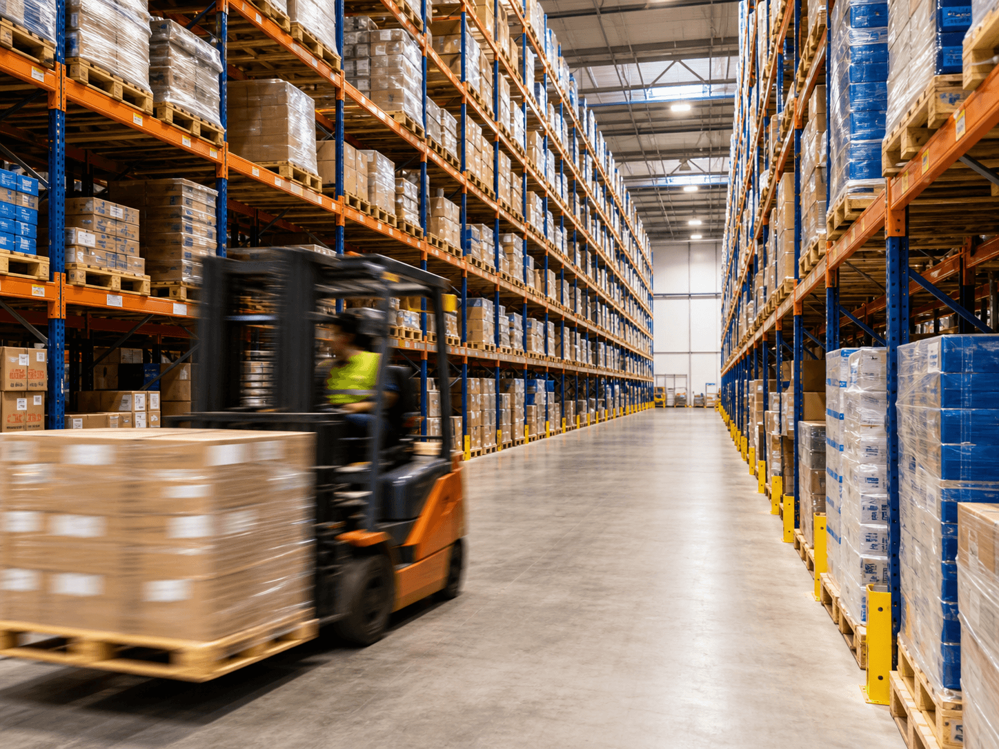A wide industrial distribution warehouse with tall pallet racking, a long aisle, and a forklift in motion. Clean, modern, well-lit, premium editorial photography.