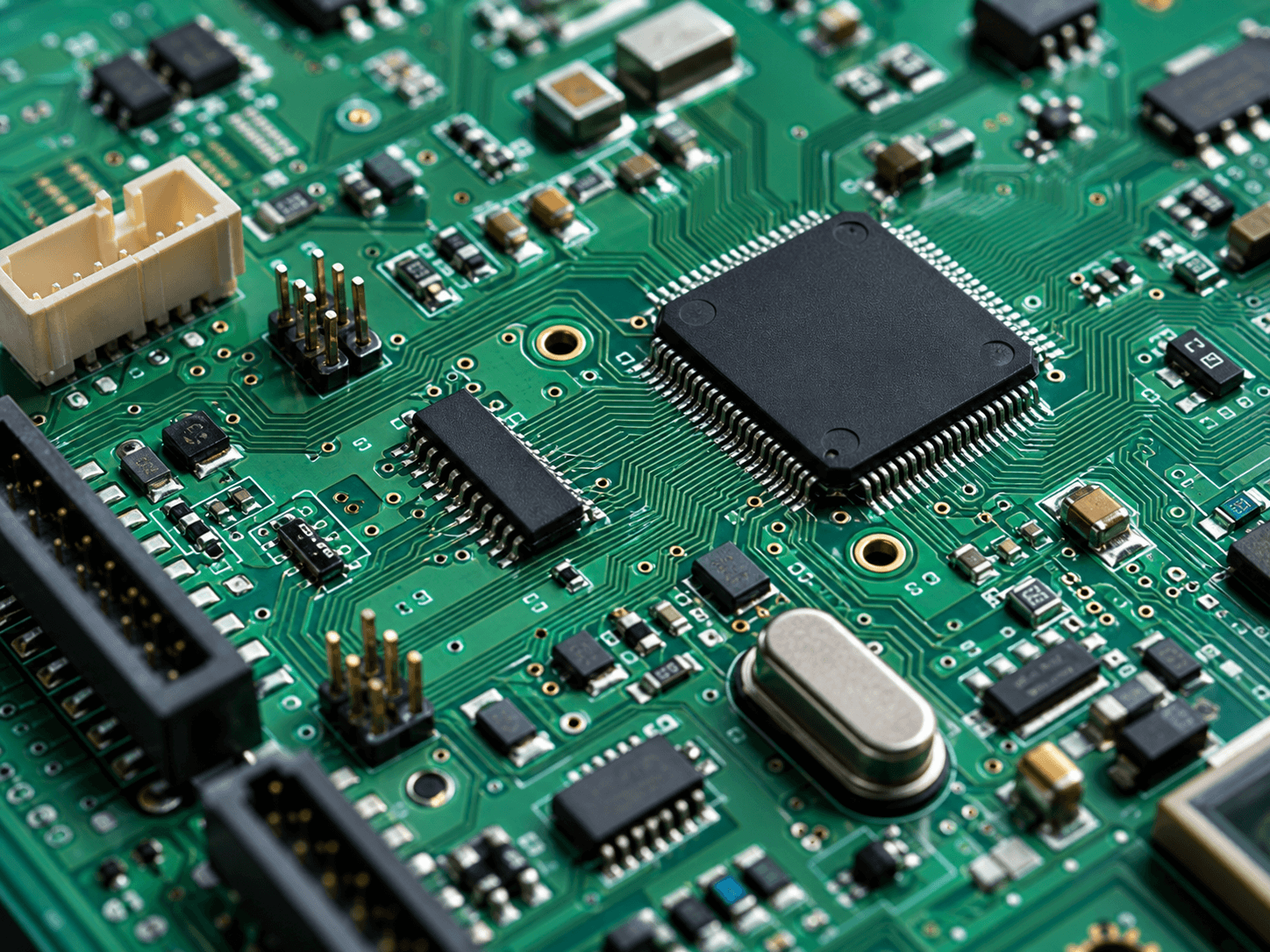 An overhead close-up of a green printed circuit board with surface-mount components and faint reflections, hinting at precision sourcing and supply chain detail.