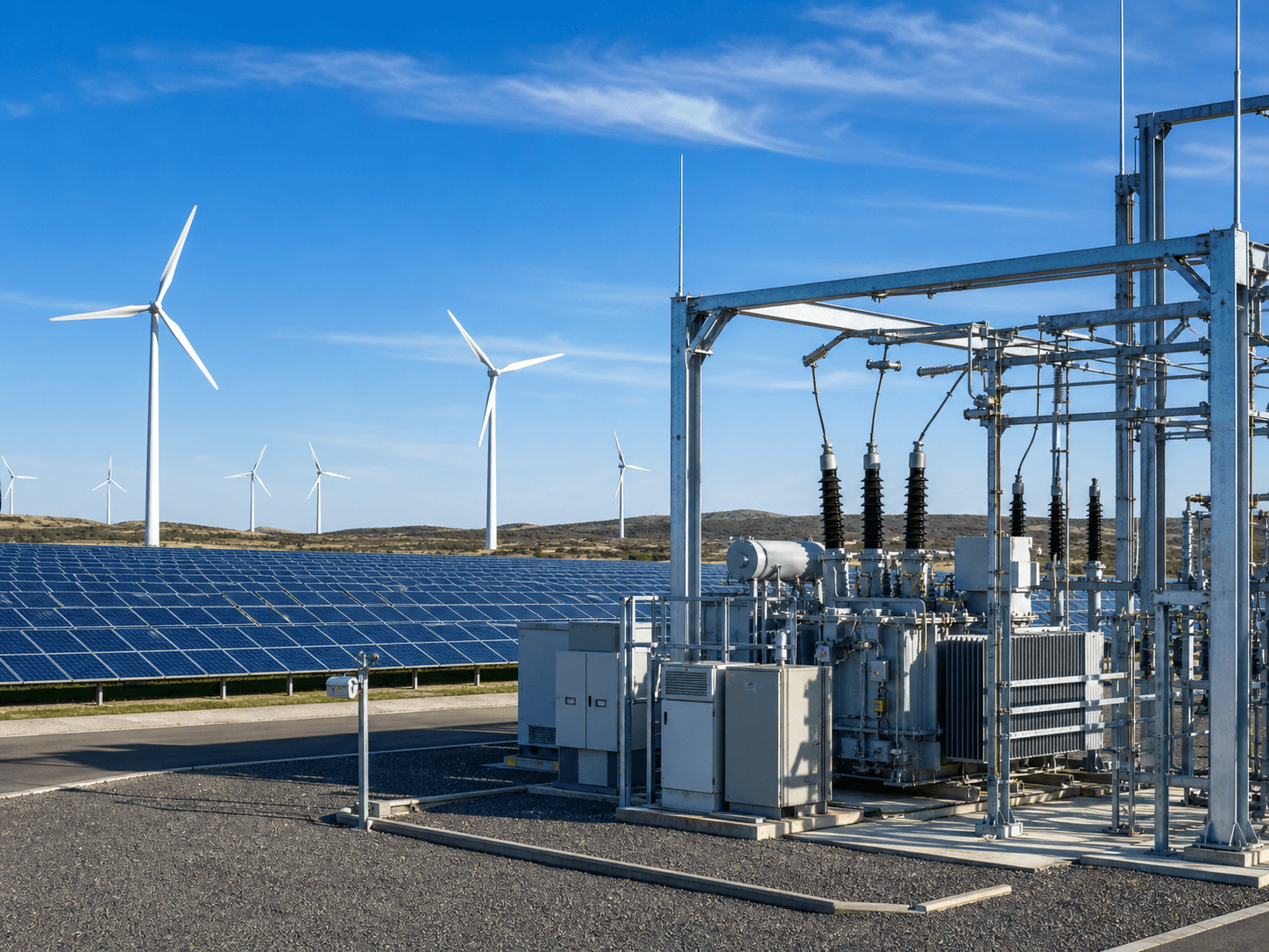 A wide-angle shot of solar panel arrays and wind turbines under a clean blue sky, with a modern utility substation in the foreground.