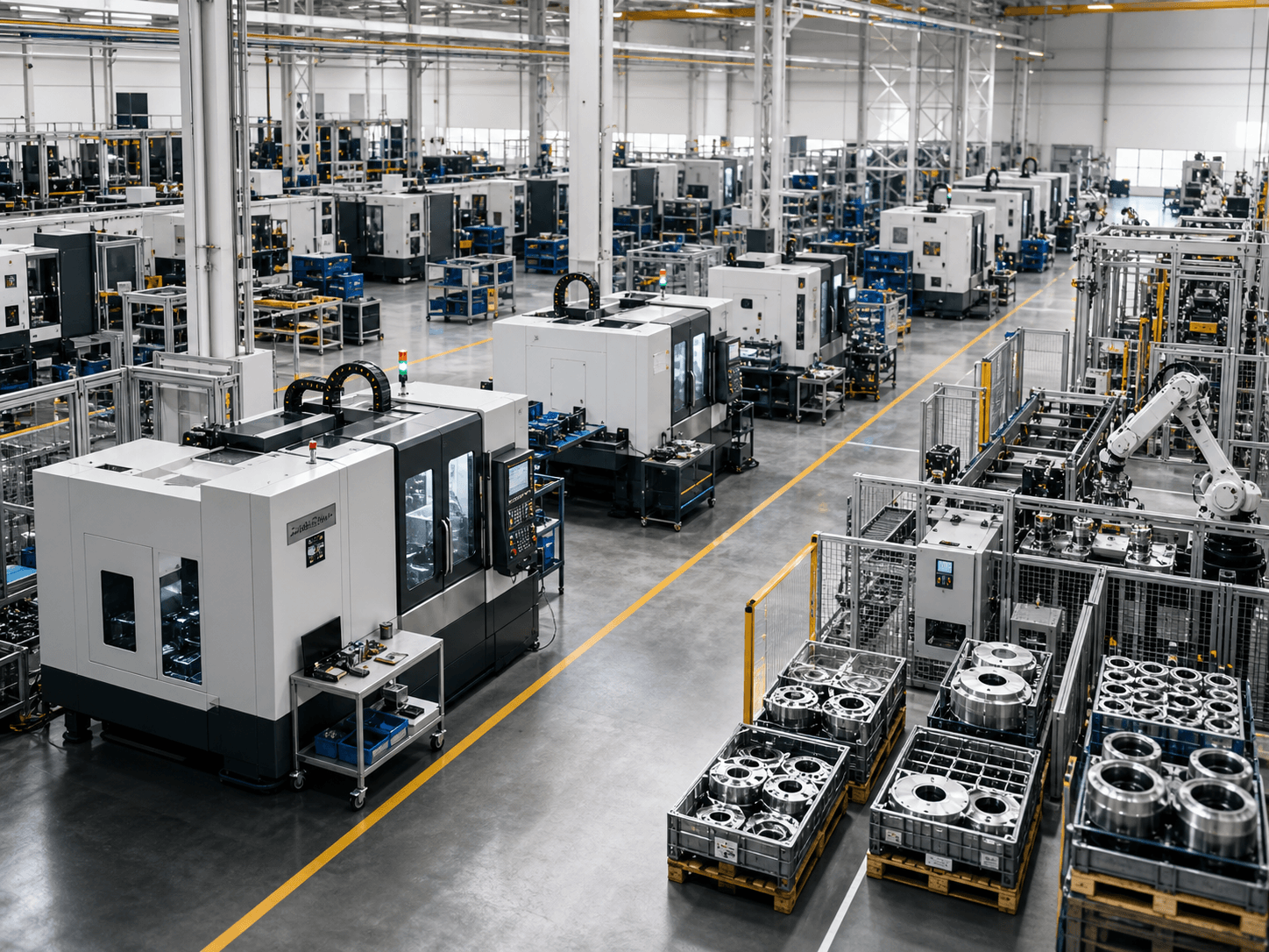 A clean, modern factory floor photographed from above showing rows of CNC machines, automated assembly stations, and stacked finished components, lit with soft natural light.